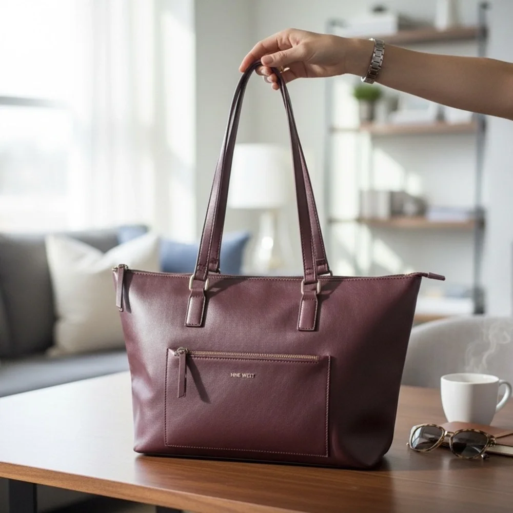 Nine West Dark Brown Mahogany Leather Tote Laptop